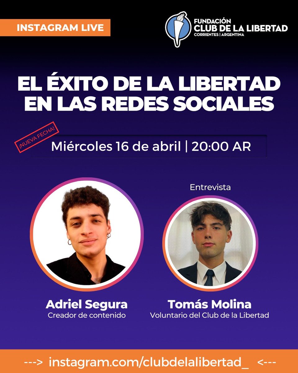 Club de la Libertad (@clubdelibertad) on Twitter photo 📲 EL ÉXITO DE LA LIBERTAD EN LAS REDES SOCIALES
🔴 Nueva fecha
Este miércoles entrevistamos a <a href="/_adrielsegura/">Adriel Segura</a>, creador de contenido, para hablar sobre cómo llevar las ideas de la libertad a más jóvenes 🗣️🔥
📍 En vivo por Instagram: instagram.com/clubdelalibert… 📲 EL ÉXITO DE LA LIBERTAD EN LAS REDES SOCIALES
🔴 Nueva fecha
Este miércoles entrevistamos a <a href="/_adrielsegura/">Adriel Segura</a>, creador de contenido, para hablar sobre cómo llevar las ideas de la libertad a más jóvenes 🗣️🔥
📍 En vivo por Instagram: instagram.com/clubdelalibert…