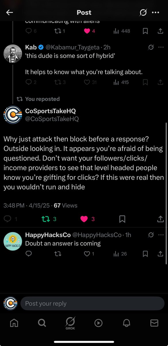 CoSportsTakeHQ's tweet photo. Geez. Hope the pleiadians don’t mind grifters and cowards. Afraid your click providers/cult are going to see you afraid to be questioned? Grifter cashing in on weak minded desperate people. Just blocks and hides people he can’t grift. https://t.co/BPFxQjxAQr