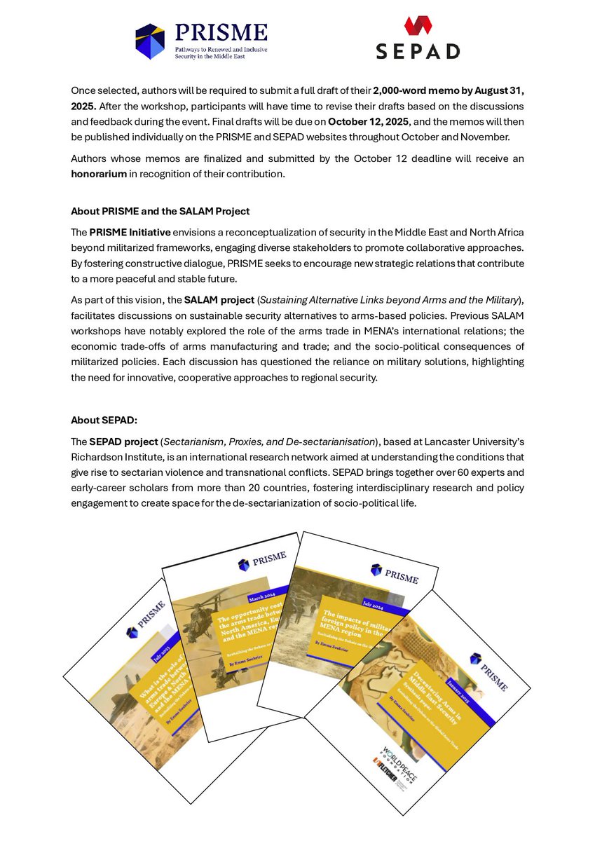PRISMEorg's tweet image. 🚨 CALL FOR PROPOSALS 🚨
We’re thrilled to announce a new SALAM workshop (online) on Sectarianism & Militarization in the Middle East, in collaboration with @ProjectSEPAD.
Apply now to join this important conversation (250-word abstracts before May 15)! All info here 👇
