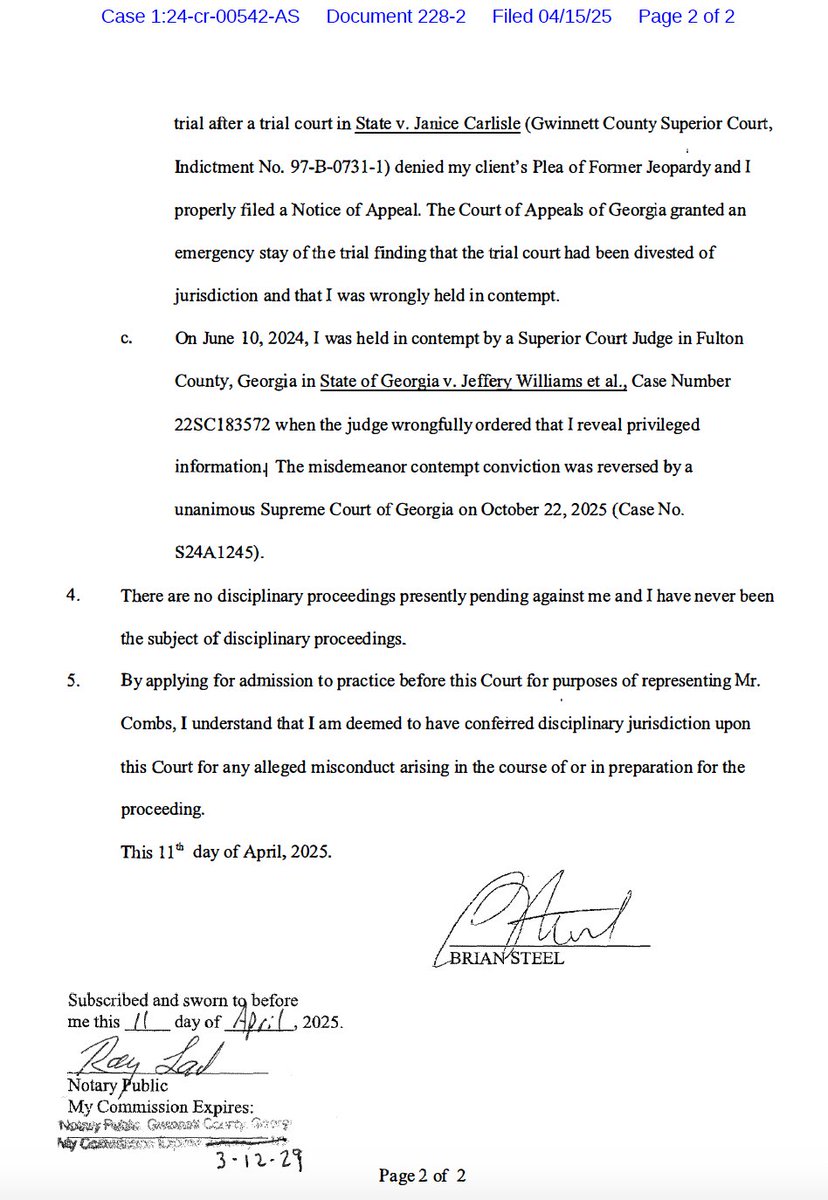"On June 10, 2024, I was held in contempt by a Superior Court Judge in Fulton County, Georgia in State of Georgia v. Jeffery Williams et al., Case Number 22SC 183 572 when the judge wrongfully ordered that I reveal privileged information."
- Diddy's new lawyer Brian Steel