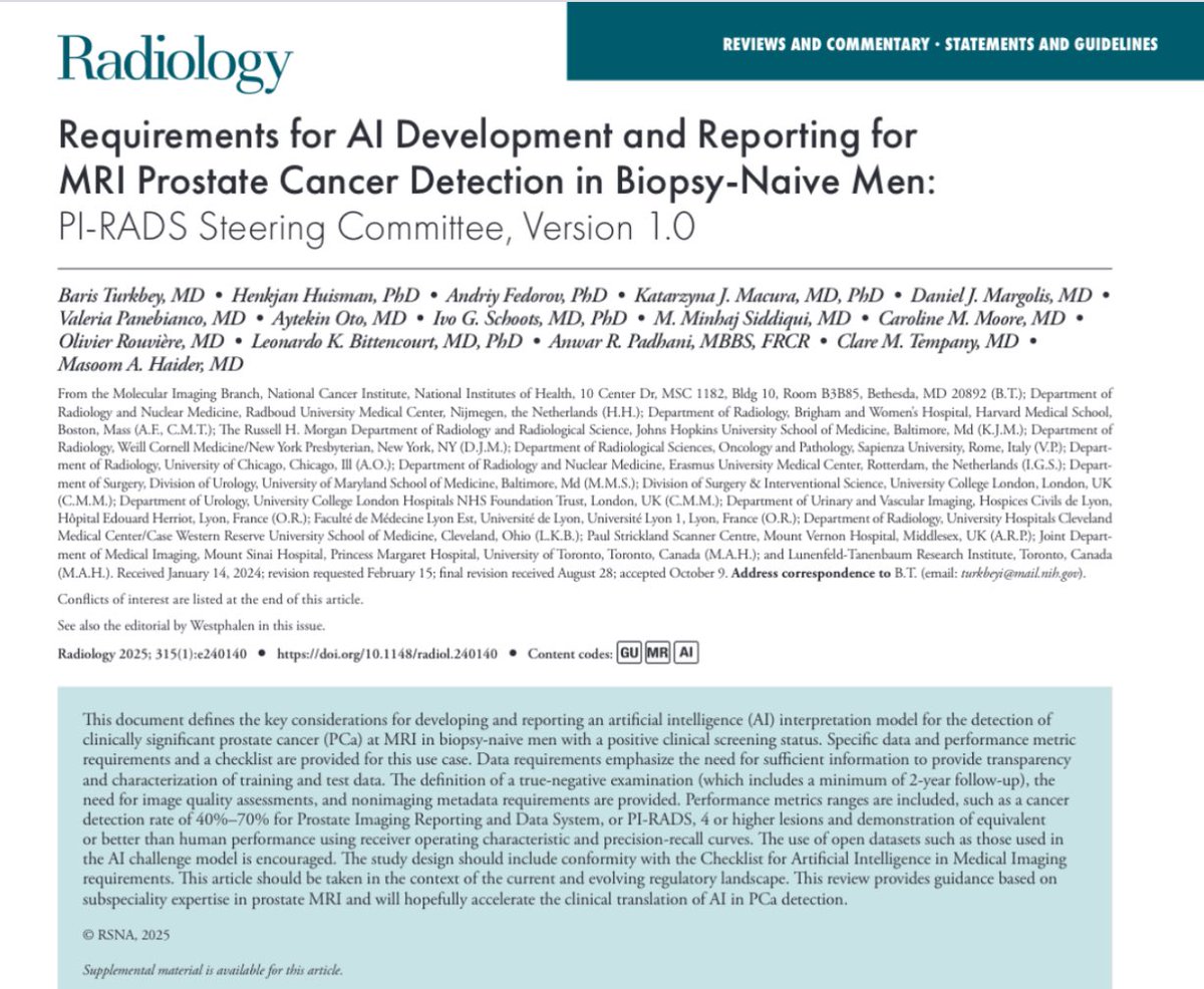 Baris Turkbey MD (@radiolobt) on Twitter photo Requirements for AI Development and Reporting for MRI Prostate Cancer Detection in Biopsy-Naive Men: PI-RADS Steering Committee, Version 1.0
pubs.rsna.org/doi/10.1148/ra…
🎉 A big congratulations to <a href="/radfiler/">Masoom Haider</a> <a href="/KatarzynaMacura/">Katarzyna Macura</a> <a href="/VPanebiancoIT/">Valeria Panebianco</a> <a href="/IvoSchootsNL/">Ivo Schoots</a> <a href="/mrsprostate/">Caroline Moore</a> <a href="/lkayat/">Leonardo Kayat Bit..</a> Requirements for AI Development and Reporting for MRI Prostate Cancer Detection in Biopsy-Naive Men: PI-RADS Steering Committee, Version 1.0
pubs.rsna.org/doi/10.1148/ra…
🎉 A big congratulations to <a href="/radfiler/">Masoom Haider</a> <a href="/KatarzynaMacura/">Katarzyna Macura</a> <a href="/VPanebiancoIT/">Valeria Panebianco</a> <a href="/IvoSchootsNL/">Ivo Schoots</a> <a href="/mrsprostate/">Caroline Moore</a> <a href="/lkayat/">Leonardo Kayat Bit..</a>