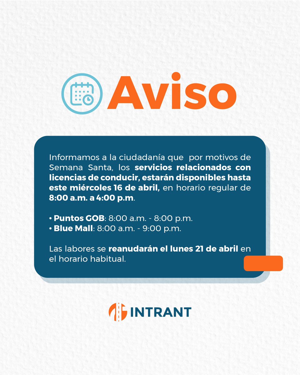 INTRANT_RD's tweet photo. #AvisoIntrant | 🔴 Informamos a la cidadanía que por motivos de Semana Santa, los servicios relacionados con licencias de conducir, estarán disponibles hasta este miércoles 16 de abril, en su horario regular de 8:00 a.m. a 4:00 p.m. https://t.co/2694VeqB7p