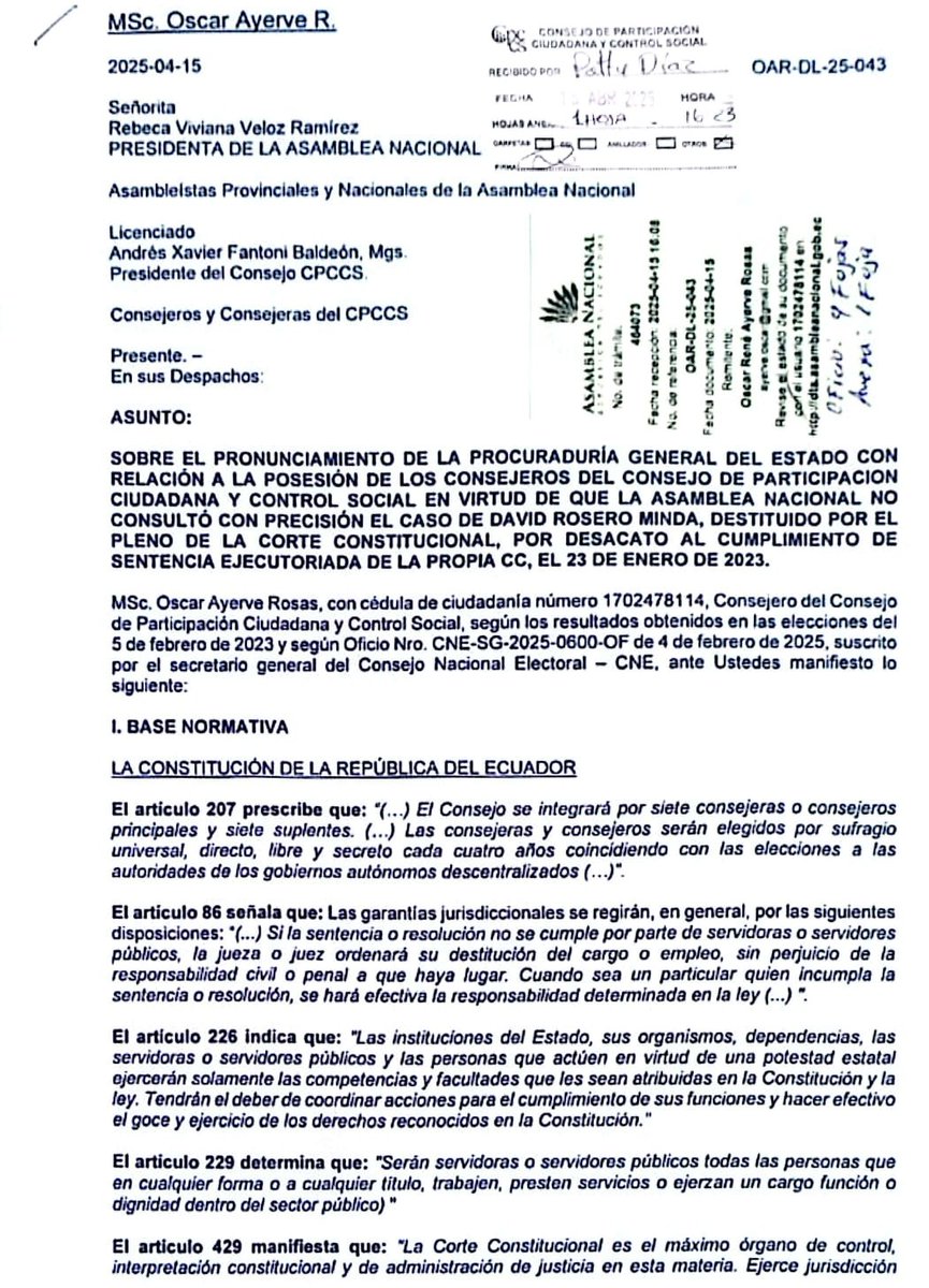 OscarAyerve's tweet photo. 🏛️LA @AsambleaEcuador HIZO LAS PREGUNTADAS EQUIVOCADAS A LA PROCURADURÍA, POR TANTO, SU POSESIÓN PARA EL @CpccsEc PODRÍA DERIVAR GRAV3S INCONV3NIENTES LEGALES 
El Ex Consejero del #CPCCS David Rosero, fue destituid0 por la @CorteConstEcu en 2.023, por desacato al cumplimiento de S3ntencia Ejecut0riada del propio #CC, sobre la designación del titular del @CJudicaturaEc.
El 19-02-2025, #VivianaVeloz, argumentando que existía un problema de interpretación sobre el efecto de la D3STITUCIÓN de Rosero, envío una consulta al @PGEcuador, con 2 preguntas generales de Justicia Administrativa Ordinaria.
Sin embargo, no consulta específicamente el caso jurídico de la D3STITUCIÓN resuelta unánimemente por el Pleno de la Corte Constitucional.
Por tanto, la respuesta de la PGE no se enfoca al verdadero problema jurídico que debe resolver la inhabilid4d que determina el Art. 15 LOSEP, en su 2da parte "su reingreso no podrá darse a la institución de Estado de la cual fue destituid0" o si dicha aplicación de la Ley le corresponde a cada Instituciones previo al ejercicio de las funciones del dignatario o funcionario.
Por tanto, Rosero no podría ejercer funciones en el CPCCS.
He enviado una comunicación a los 137 Asambleístas, a la Asamblea Nacional, al CPCCS y a los Consejeros y Consejeras, argumentando porque David Rosero no debe ser posesionado.
La prohibición de su reingreso está inscrita en el MDT.
@Presidencia_Ec @FiscaliaEcuador @visionariasec
@ContraloriaECU @CorteNacional @PoliciaEcuador
@FFAAECUADOR @revistaPlanV @revistavistazo
@CarlosVerareal @Primicias @eluniversocom
@elcomerciocom @Teleamazonas24H
@EcuavisaInforma @WRadioEc @TVCEcuador
@janethinostroza @democraciaec @radiocentroec
@mrivadeneira @radiosonoramaec @Expresoec
@elmercurioec