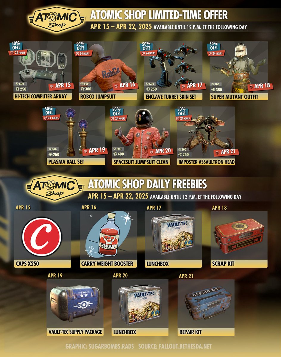 This week Atomic Shop limited-time offer and daily freebies (APRIL 15 - APRIL 22, 2025). Each item will be available until 12 P.M. ET the following day. ⏳Source: SugarBombRADS
