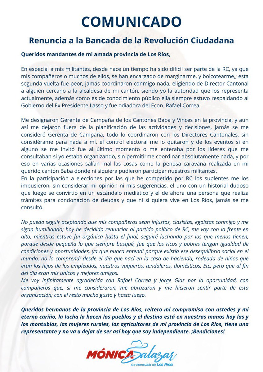 Monicasalazar_h's tweet photo. Hace unos minutos publiqué un video donde les conté una decisión difícil pero necesaria.
Ahora quiero dejarles también esta carta, escrita desde el corazón, para quienes prefieren leer y conocer con calma las razones que me llevaron a tomar este rumbo.
Los invito a leerla, porque mi compromiso con Los Ríos sigue intacto.
Mi voz seguirá firme, defendiendo lo justo y levantando siempre la bandera de mi gente. 🌾
Gracias por cada palabra, cada mensaje y cada muestra de respaldo.❤

¡𝑴𝒐́𝒏𝒊𝒄𝒂 𝑺𝒂𝒍𝒂𝒛𝒂𝒓, 𝒍𝒂 𝑴𝒐𝒏𝒕𝒖𝒃𝒊𝒂 𝒅𝒆 𝑳𝒐𝒔 𝑹𝒊𝒐𝒔 

#MónicaSalazar #LaMontubiaDeLosRíos