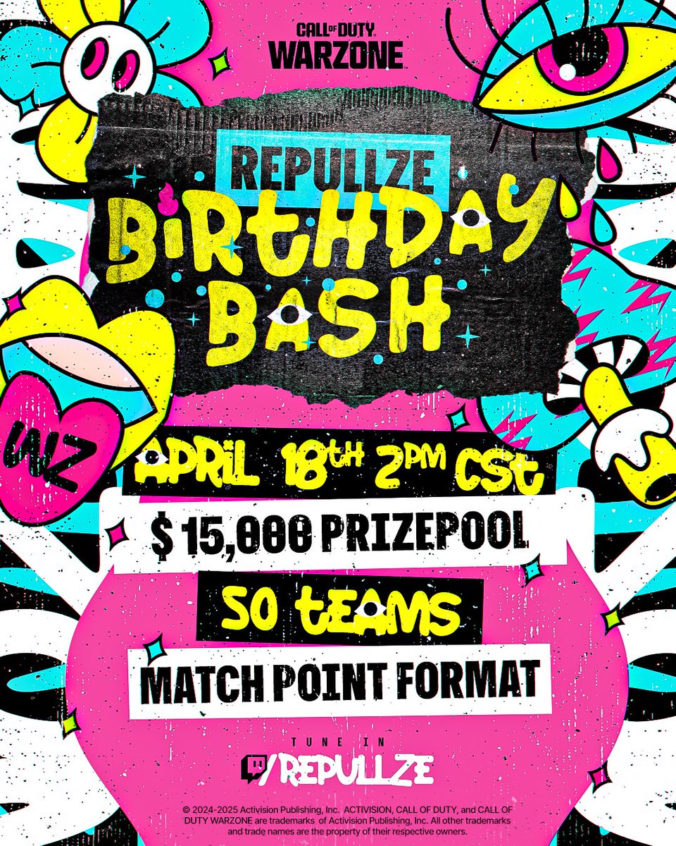 Repullze's tweet image. IT&apos;S A PARTY, IT&apos;S A PARTY 🎉

We’re throwing a party on Friday to celebrate my birthday and you&apos;re invited!

🗺️ Verdansk
🪂 50 Teams
🎲 Match Point Format
🏆 $15,000 Prize Pool
📅 April 18th, 2PM CST