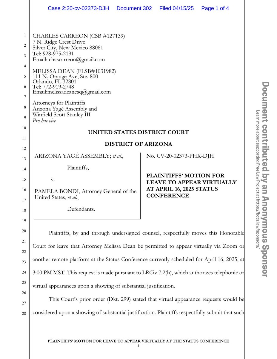 psy_cases's tweet image. New filing: &quot;Arizona Yage Assembly v. A.G. (Religious freedom - sacrament seizure)&quot;
Doc #302: Miscellaneous Relief

PDF: courtlistener.com/docket/1872389…

#CL18723894
