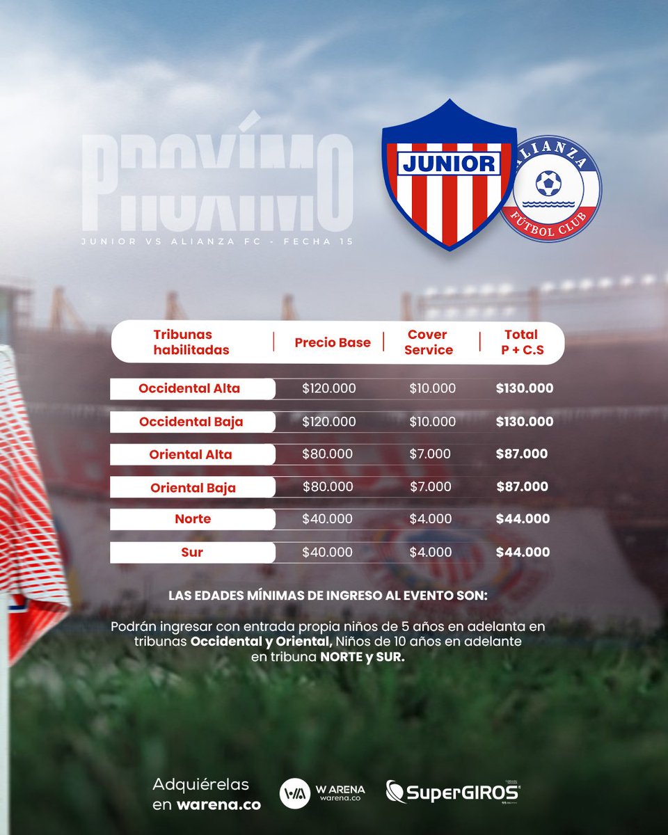 warenaoficial's tweet photo. ¡Atención hincha juniorista! 🚨🏟️

Ya están disponibles las entradas para el próximo encuentro del @JuniorClubSA 🆚 Alianza FC ⚽️

Adquiérelas ahora en: 🔗https://t.co/pKEjCbAPOv o en 📍puntos físicos SuperGIROS 

#JuniorFC #WArena #Futbol #Entradas https://t.co/6oC2TxX6em