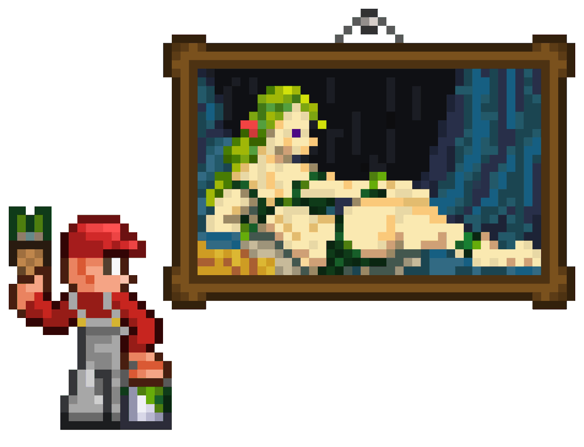 Gokuless1's tweet image. Guess what, there&apos;s a second one today!

Here&apos;s the Painter and the Dryadesque...which i&apos;m very sure he&apos;s the one who made it.

#Terraria #Fanart #pixelartwork