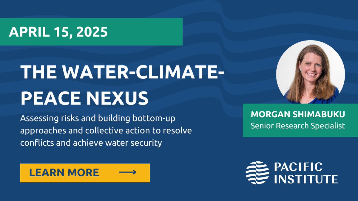 Today, Pacific Institute Senior Research Specialist Morgan Shimabuku presented at The Water-Climate-Peace Nexus hosted by the Community of Practice Water and Climate.

Her session explored the rise in water conflicts globally. Learn about #WaterConflict: pacinst.org/water-conflict…