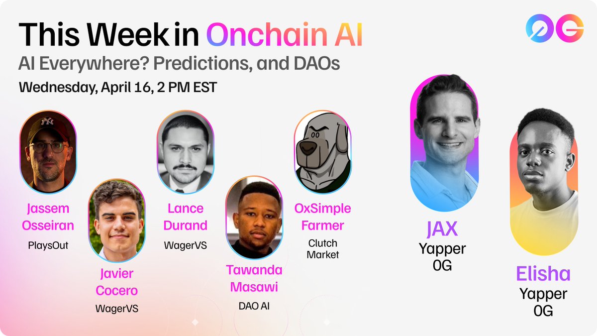 0G Labs (Ø,G) - AI L1 (@0g_labs) on Twitter photo Are you ready for another edition of This Week in Onchain AI? 🐼Hosted by <a href="/jaxxdwyer/">Jax Dwyer</a> & <a href="/ghcryptoguy/">Elisha (Ø,G)</a>
Joining us this week:
→ Jassem Osseiran (<a href="/itplaysout/">PlaysOut</a>)
→ Javier Cocero & Lance Durand (<a href="/WagerVS_fun/">WagerVS.fun</a> )
→ <a href="/DaoMasawi/">Tawanda Masawi -- DAO AI</a> (<a href="/DAOAgents/">DAO AI</a>)
→ <a href="/OxSimpleFarmer/">SimpleFarmer</a> (<a href="/ClutchMarkets/">CLUTCH</a>) Are you ready for another edition of This Week in Onchain AI? 🐼Hosted by <a href="/jaxxdwyer/">Jax Dwyer</a> & <a href="/ghcryptoguy/">Elisha (Ø,G)</a>
Joining us this week:
→ Jassem Osseiran (<a href="/itplaysout/">PlaysOut</a>)
→ Javier Cocero & Lance Durand (<a href="/WagerVS_fun/">WagerVS.fun</a> )
→ <a href="/DaoMasawi/">Tawanda Masawi -- DAO AI</a> (<a href="/DAOAgents/">DAO AI</a>)
→ <a href="/OxSimpleFarmer/">SimpleFarmer</a> (<a href="/ClutchMarkets/">CLUTCH</a>)