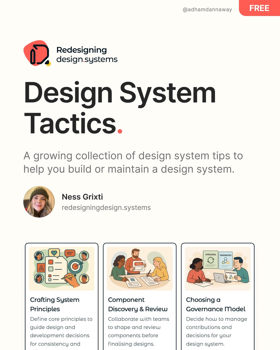 AdhamDannaway's tweet image. 📌 Design System Tactics

A growing collection of design system tips to help you build or maintain a design system.

→ redesigningdesign.systems/tactics/all-ta…

By Ness Grixti