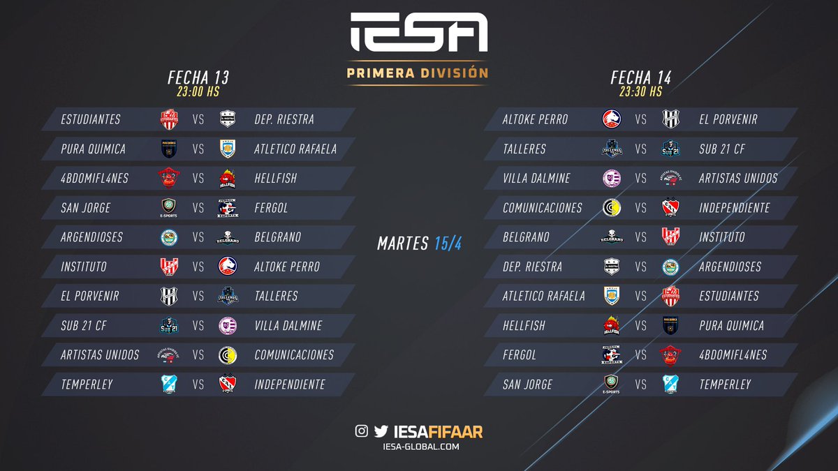 #NocheDeIESA #RuedaLaPelotita ⚽️

🎮 Hoy tenemos el inicio de la fecha 13 y 14. 

Grandes encuentros donde buscarán la victoria para posicionarse en lo más alto. Tenemos el clásico cordobés ¿quién ganará?

#ClubesPro #EAFC25 #NextGen #PCGamer #PS5