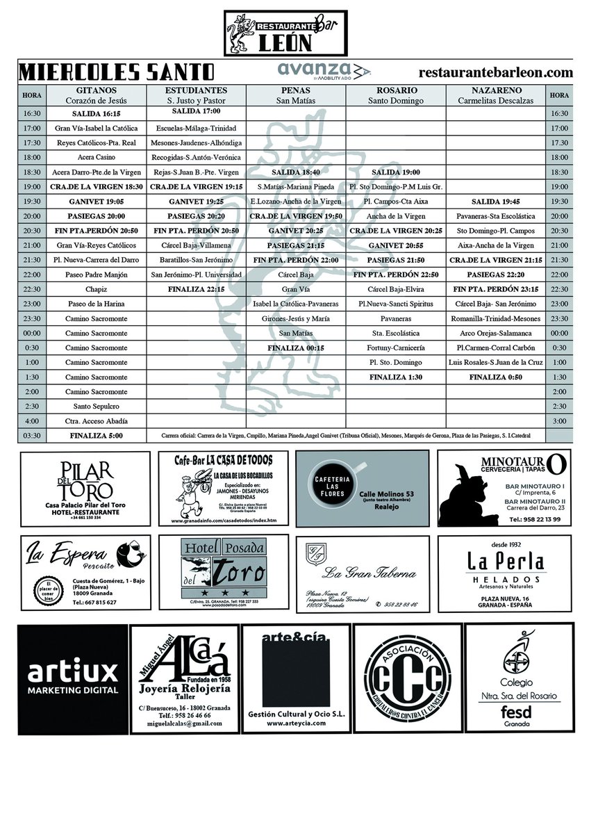 MIÉRCOLES SANTO EN GRANADA 
Aquí os dejamos los horarios e itinerarios de las hermandades que hoy hacen su estación de penitencia. 

Enlace para versión PDF para imprimir 
⬇️⬇️⬇️⬇️⬇️
drive.google.com/file/d/1nOXzzz…

#SemanaSanta2025 
#SemanaSantaGranada 
#GRANADA 
#Andalucía