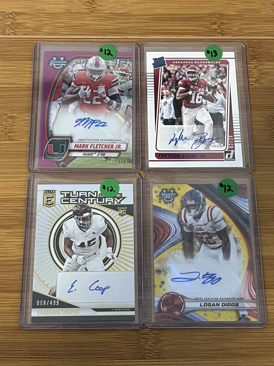 NFL draft next week. College cards for sale!🏈

$12-$13 each

See pics for prices.

Retweets and tags appreciated!

<a href="/Elliott0924/">Chasing Hits Sportscards</a>