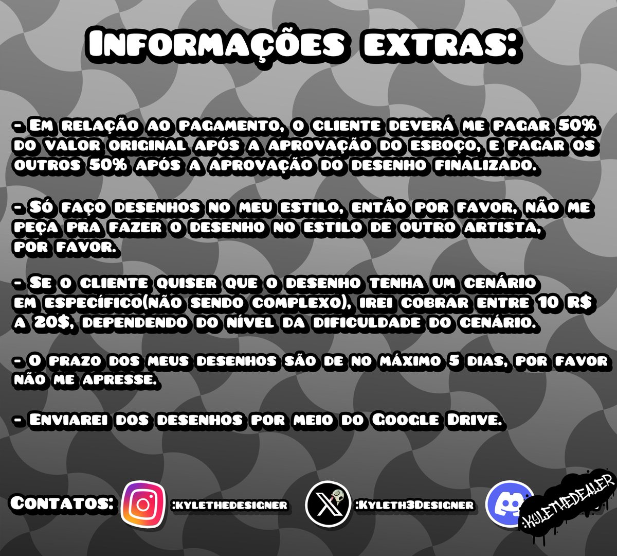 Kyleth3Designer's tweet image. Repostando minha tabela de preços pq um dos contatos teve uns pequenos problemas técnicos, e eu tive q mudar, ent é isso, quem tiver interesse, me chama na DM, ou fala comigo pelo Discord.
Discord apenas paras commissions: kylethedealer

#commission #commissionsopen