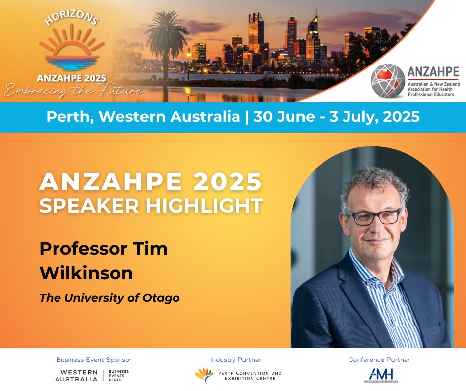 MEET OUR #ANZAHPE2025 SPEAKERS
Professor Tim Wilkinson MBChB, MD, MClinEd, PhD, FRACP, FRCP, FANZHPE FAMEE, The University of Otago
Tim is professor of medicine and medical education at the Otago Medical school and an ANZAHPE Fellow.  Read more here: eventstudio.eventsair.com/anzahpe-2025/i…