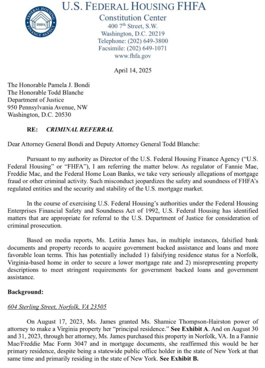 DiligentDenizen's tweet photo. ‼️🇺🇸 BREAKING: Federal documents accuse NY Attorney General Letitia James of mortgage fraud.

The docs claim she tried to declare a Virginia property as her “principal residence” while serving in New York. The alleged fraud occurred just weeks before she charged Trump with fraud. https://t.co/wzHhqrjH71