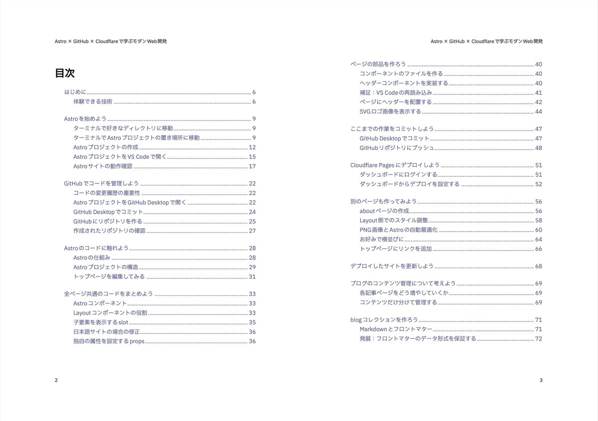 CodeGrid's tweet image. 【ワークショップ準備進行中!】
5/23のCodeGridワークショップ「stro×GitHub×Cloudflareで学ぶモダンなWeb開発」の、オリジナルテキスト(100ページ超え!)の作成も進行中!📕
目次をちら見せいたします👀 (でも、目次はこれで全部じゃないのですよ〜!)
buff.ly/3W9ukSL
#codegrid…