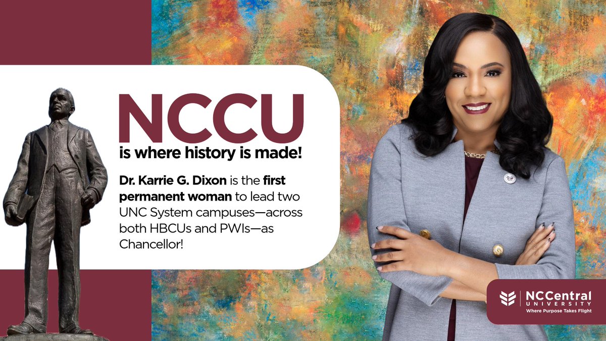 NCCU's tweet photo. #NCCUFacts | History in the making! Dr. Karrie G. Dixon is the first permanent woman to lead two UNC System campuses—marking a bold new era of leadership, vision, and excellence at NCCU.

READ MORE: https://t.co/WMOHWHRniy

#EagleInChief13 #WeAreNCCU #HBCU #EaglePride #UNCSystem https://t.co/YEWuV36FU5