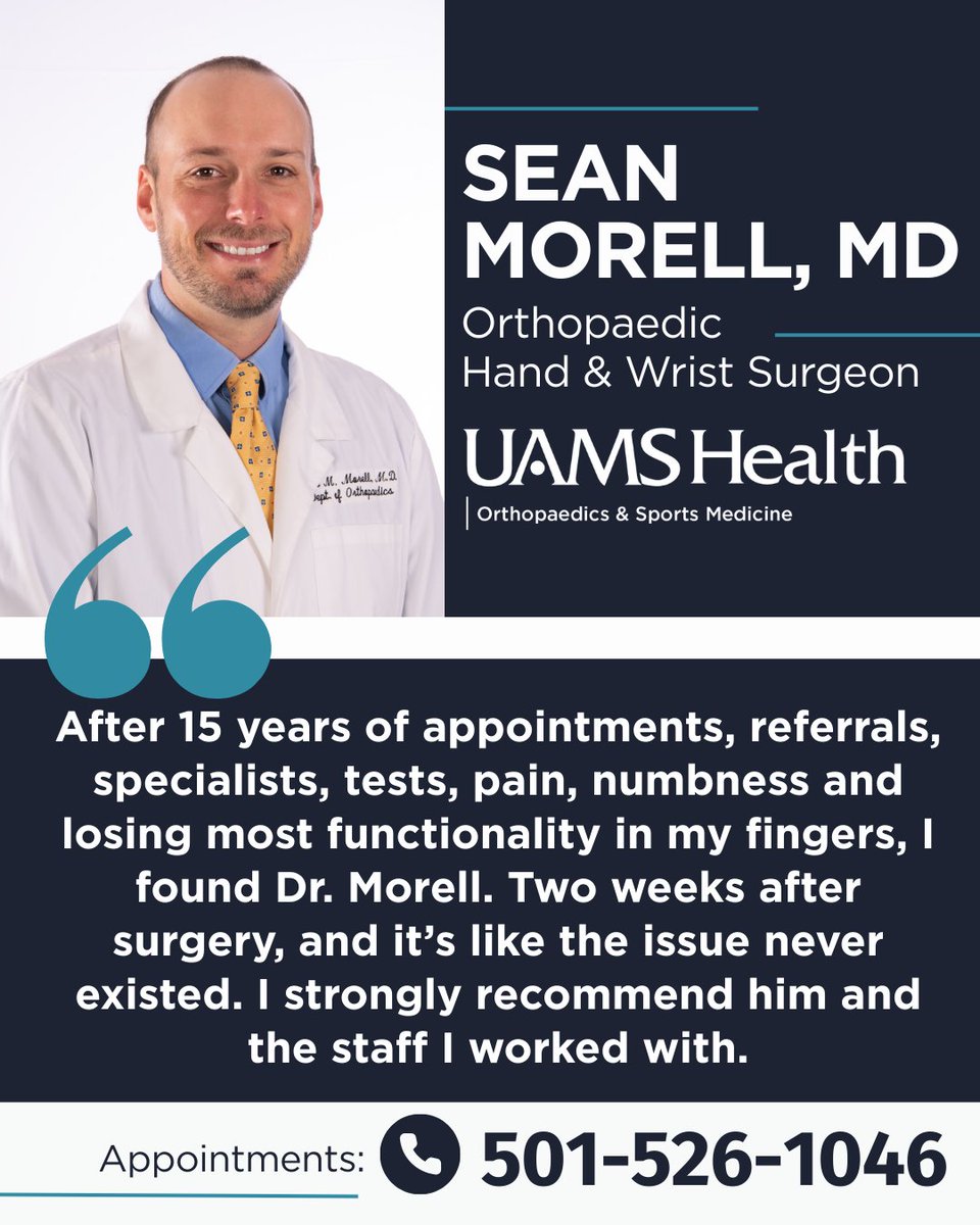 UAMS Health Orthopaedics & Sports Medicine (@uamsortho) on Twitter photo Dr. Sean Morell, fellowship-trained hand and upper extremity surgeon at <a href="/uamshealth/">UAMS Health</a>, has a strong record of success when it comes to surgical outcomes and high patient satisfaction, and it shows. Total rock star. Dr. Sean Morell, fellowship-trained hand and upper extremity surgeon at <a href="/uamshealth/">UAMS Health</a>, has a strong record of success when it comes to surgical outcomes and high patient satisfaction, and it shows. Total rock star.
