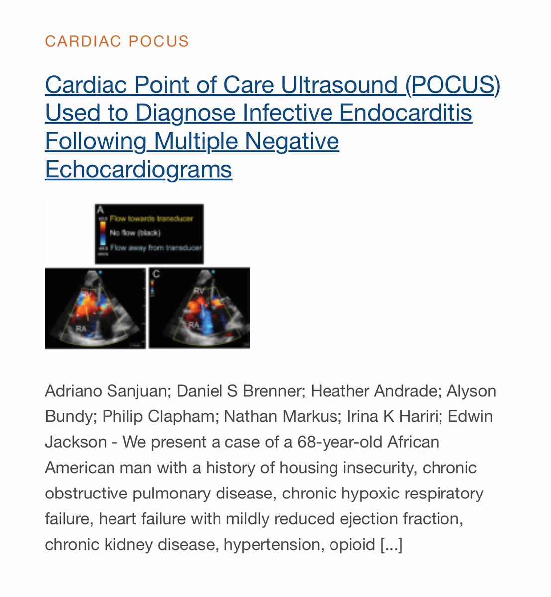Adriano Sanjuan, MD (@adrianosanjuan) on Twitter photo Just published!
Cardiac #POCUS diagnosed infective endocarditis after negative TTE & TEE—changing management.
Includes images, videos + a bonus probe handling clip.
pocusjournal.com/article/17855/
Grateful for the mentorship from <a href="/Edwin_J_Jr/">Edwin Jackson</a>
<a href="/IUIntMed/">Indiana University Internal Medicine</a> <a href="/IUPCCM/">IU Pulmonary and Critical Care Fellowship</a> #PCCM Just published!
Cardiac #POCUS diagnosed infective endocarditis after negative TTE & TEE—changing management.
Includes images, videos + a bonus probe handling clip.
pocusjournal.com/article/17855/
Grateful for the mentorship from <a href="/Edwin_J_Jr/">Edwin Jackson</a>
<a href="/IUIntMed/">Indiana University Internal Medicine</a> <a href="/IUPCCM/">IU Pulmonary and Critical Care Fellowship</a> #PCCM