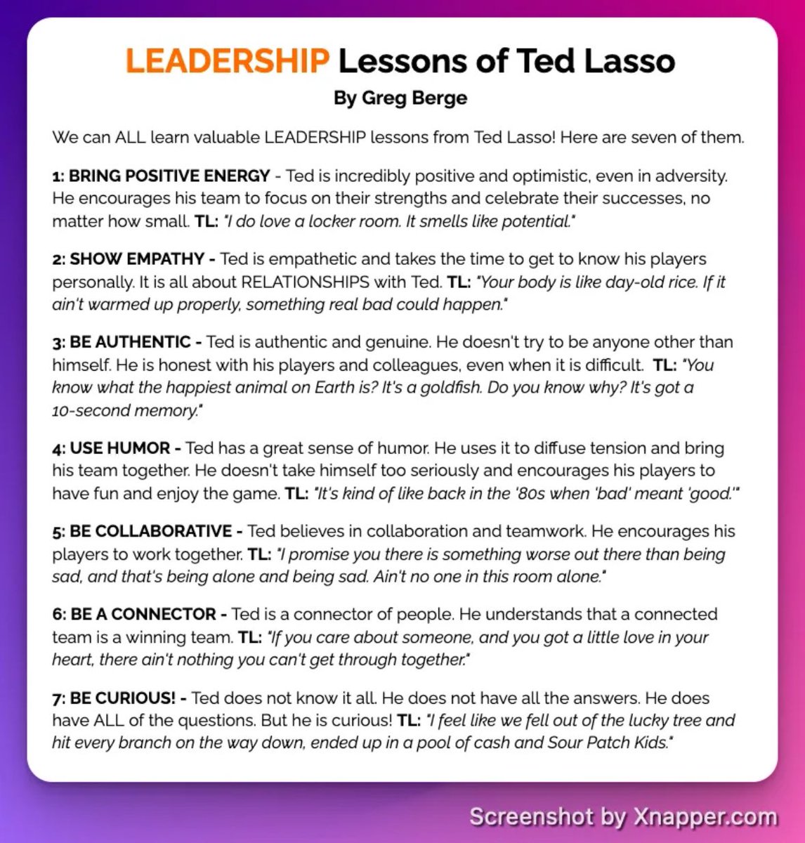 Say what you want about Ted Lasso…
But the guy can lead.

These 7 lessons are leadership gold.

Positivity. Curiosity. Connection.

Every coach and leader can learn something from this.