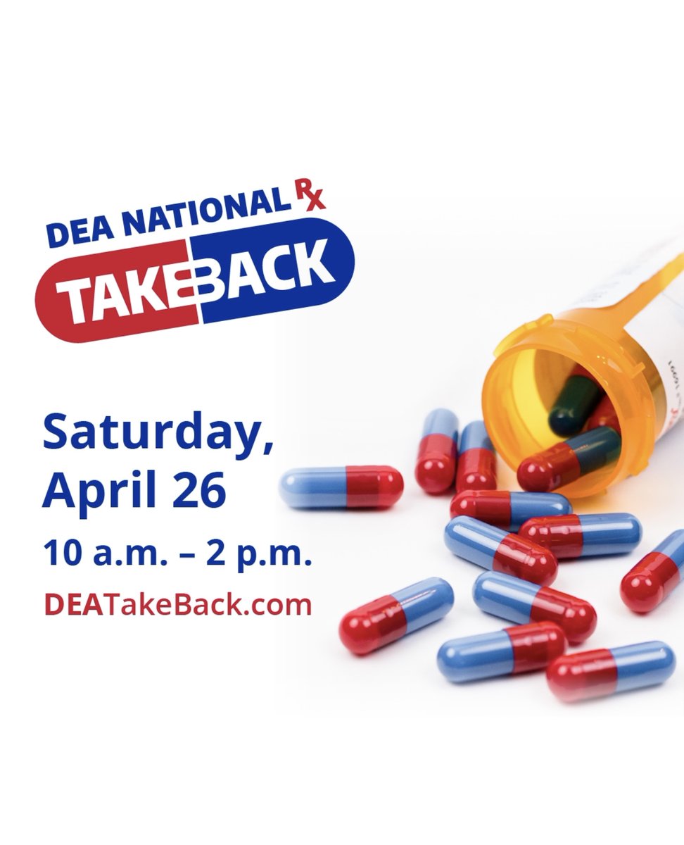 AYUDE A MANTENER NUESTRAS COMUNIDADES SEGURAS Y SALUDABLES DURANTE EL DÍA NACIONAL DE DEVOLUCIÓN DE MEDICAMENTOS CON RECETA, EL 26 DE ABRIL. ENCUENTRE UN PUNTO DE RECOLECCIÓN CERCA DE USTED EN bit.ly/2ApxykI. CONTRIBUYA A REDUCIR LAS MUERTES POR SOBREDOSIS