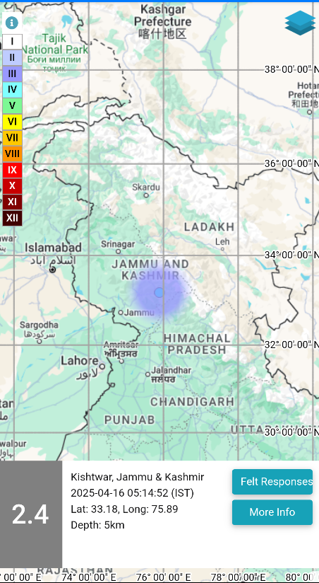 EQ of M: 2.4, On: 16/04/2025 05:14:52 IST, Lat: 33.18 N, Long: 75.89 E, Depth: 5 Km, Location: Kishtwar, Jammu &amp; Kashmir. 
For more information Download the BhooKamp App 
riseq.seismo.gov.in/riseq/earthqua… 
<a href="/DrJitendraSingh/">Dr Jitendra Singh</a> 
<a href="/OfficeOfDrJS/">Office of Dr. Jitendra Singh</a> 
<a href="/Ravi_MoES/">Ravi</a>  
<a href="/Dr_Mishra1966/">Dr. O. P. Mishra</a> 
<a href="/ndmaindia/">NDMA India | राष्ट्रीय आपदा प्रबंधन प्राधिकरण 🇮🇳</a>