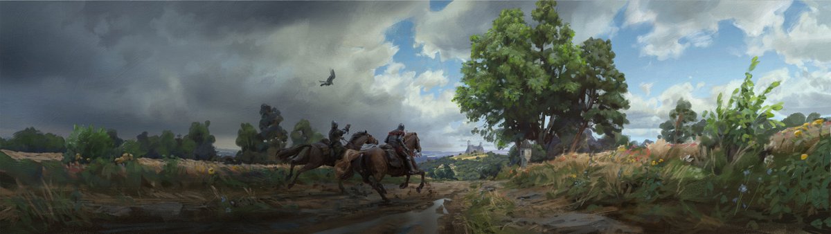 skvorus's tweet image. This one marks the last of the load screens I've created for #KCD2. The horses do steal the show but I aways enjoied the light and color scattering in the clouds, their rugged edges and loose vegetation at the sides.