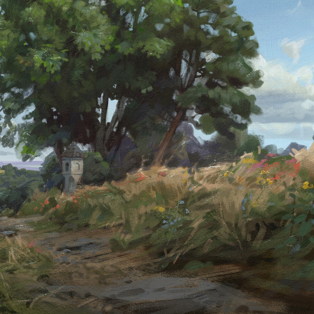 This one marks the last of the load screens I've created for #KCD2. The horses do steal the show but I aways enjoied the light and color scattering in the clouds, their rugged edges and loose vegetation at the sides.