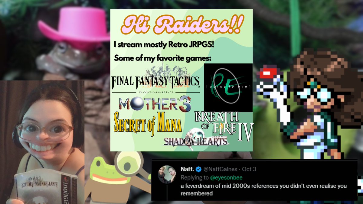 eyesonbee's tweet image. Hi i’m Bee! mom of 3, retro jrpg fan, Final Fantasy encyclopedia, frog enjoyer 🐸
If you enjoy 90s/00s nostalgia, punk rock, or NORG from Final Fantasy VIII we'd get along!
📺 twitch: twitch.tv/eyesonbee
📼 vods: youtube.com/@eyesonbeeVODs
🎞️ YT: youtube.com/@eyesonbee
