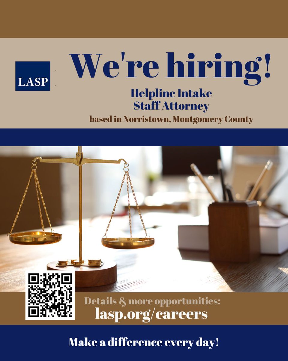 Join our team! We're hiring a Helpline Intake Staff Attorney to be based in our Norristown Office. Details on this and other opportunities for attorneys, paralegals and staff in multiple locations: lasp.org/careers.

#hiring