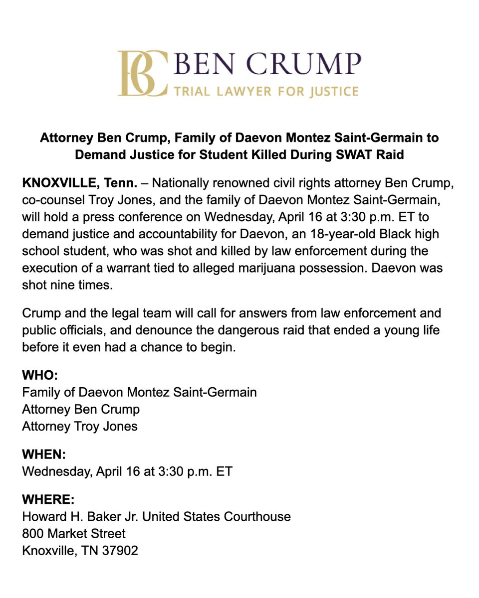BenCrumpLaw's tweet image. MEDIA ALERT: Tomorrow at 3:30 p.m. ET, @AttorneyCrump, co-counsel Troy Jones, and the family of Daevon Montez Saint-Germain, will hold a press conference to demand justice for Daevon, an 18-year-old Black high school student, killed during a SWAT raid.