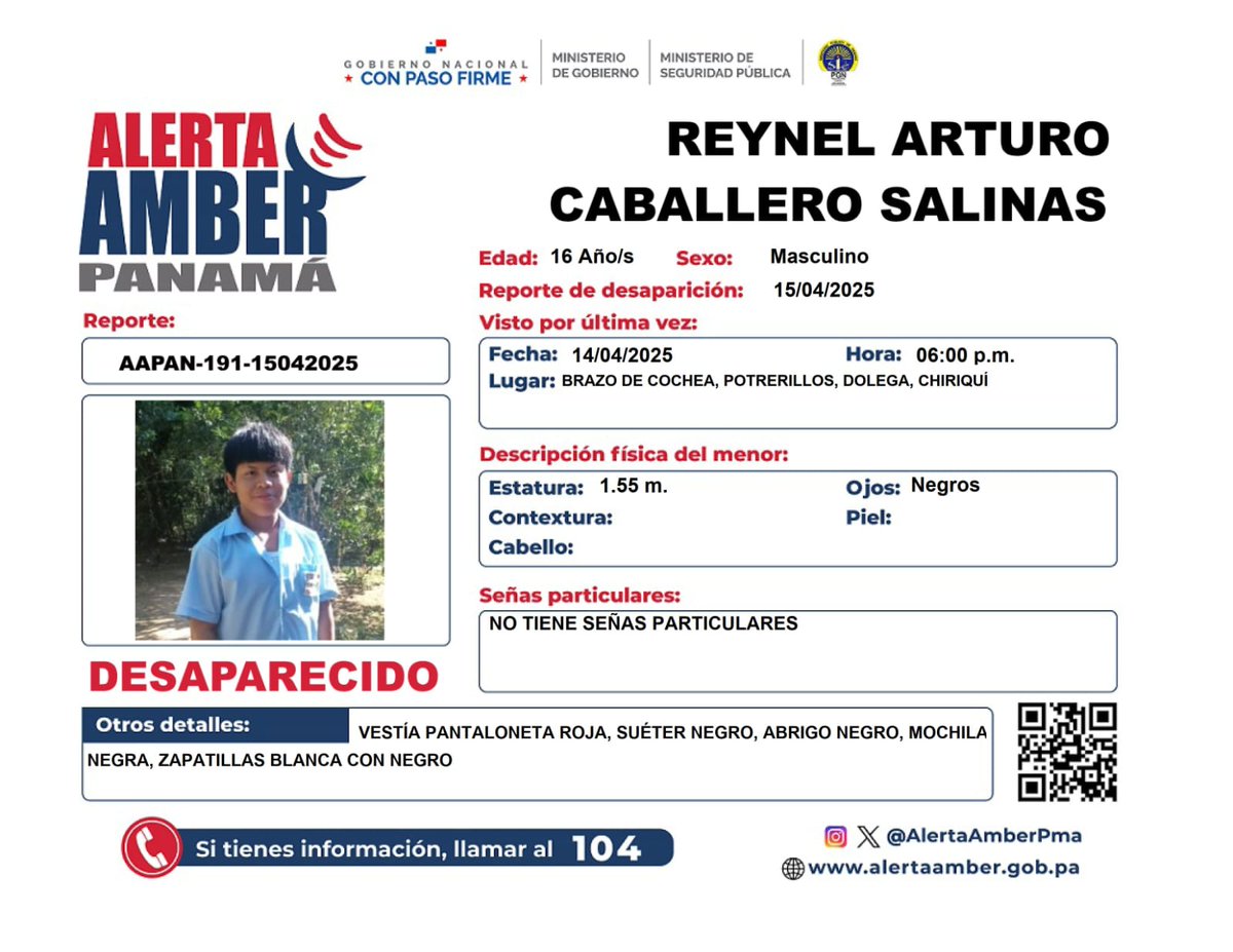 lucycordoba's tweet photo. #AlertaAmber #Chiriquí #Dolega REYNEL ARTURO CABALLERO SALINAS 16 años, viste pantaloneta roja suéter negro. Favor difundir #Desapariciones https://t.co/56BN1yPeBF