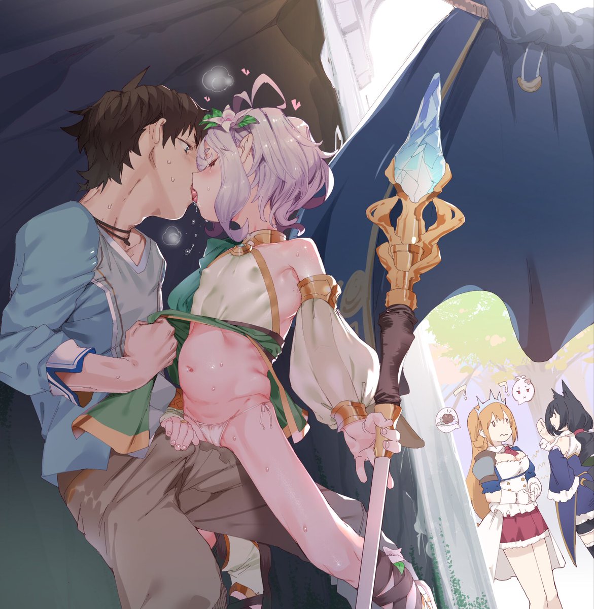 “凱露和佩可莉姆小姐還在等著…咕...哈啊啊♡小主人也好有活力呢♡”
小小護道者的身軀被膝蓋頂在空中，雙腿無法觸碰到地面的同時膝蓋摩擦刺激著陰唇，因為被命令不可以穿內衣，胸前小豆豆仿佛已經要將布料頂穿一樣展現著自己。