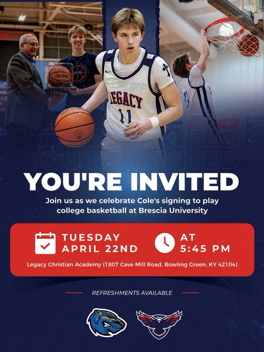 I will be signing my NLI with Brescia University next Tuesday the 22nd at 545! Anyone is welcome to attend! 
<a href="/CoachEHays11/">Eli Hays</a> <a href="/coachMKarn12/">Matt Karn</a>