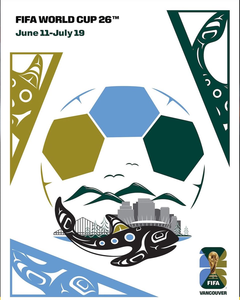 TSN_Sports's tweet photo. A look at Vancouver’s Host City Poster for the 2026 FIFA World Cup, created by local artist Jamin Zuroski.
⁣
Inspired by BC’s natural elements and Indigenous culture, this unique design captures Vancouver and the beautiful game. ⁣

#FIFAWorldCup | #WeAre26 https://t.co/t2teVGjkQr