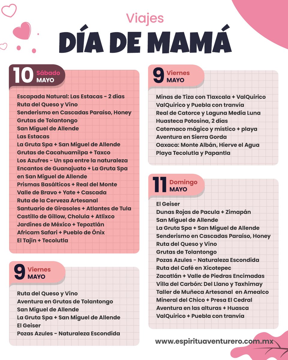 🌷 ¡Este 10 de mayo regálale a mamá un viaje inolvidable!

Escoge la ruta perfecta y celebra con ella como nunca
antes 💕

Reserva aquí: esav.link/Fz

Desde playas y pueblos mágicos hasta aventuras en la
naturaleza 🌄

#DíaDeLasMadres #RegalaExperiencias