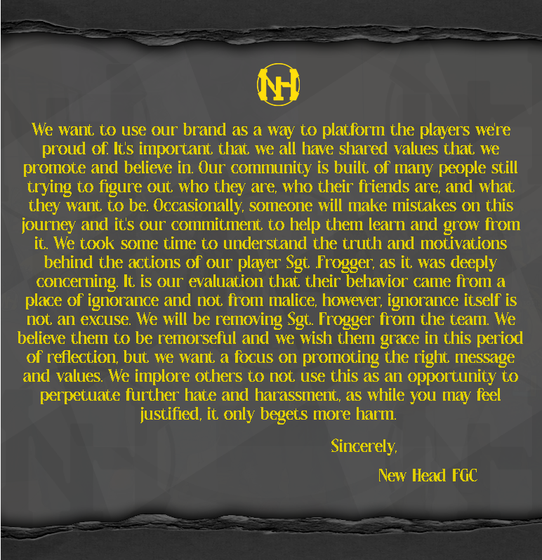New Head FGC (@newhead_fgc) on Twitter photo A statement regarding Sgt. Frogger. Effective immediately. A statement regarding Sgt. Frogger. Effective immediately.