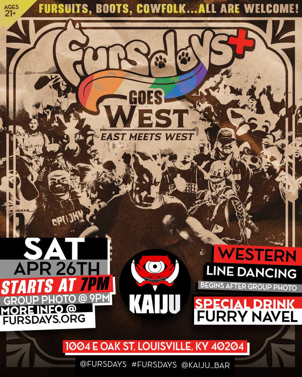 We're bringing a little country to Kaiju this month!

Dust off your cowboy boots, ten gallon hats, and other western wear (remember, culture is not a costume) as we boot-scoot this Fursdays+!

Line dancing starts right after the 9 pm photo, so come get your steps in April 26!