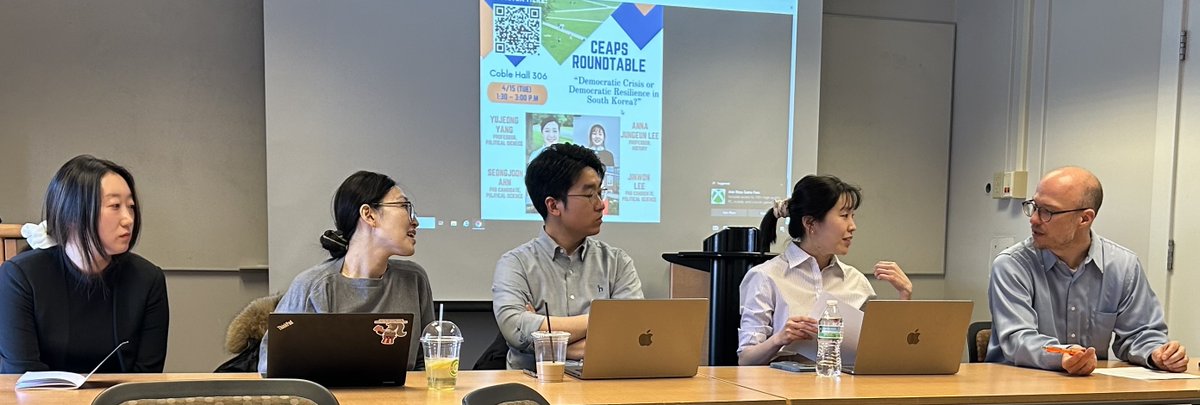 MSWinters1's tweet photo. It was an honor to chair the @CEAPS_UIUC roundtable on "Democratic Crisis or Democratic Resilience in South Korea?" today with Anna Lee, @seongjoon_ahn, @Yujeong1107, and @JinwonAlex.  I learned a great deal from the four panelists! https://t.co/4F99PwHcm2