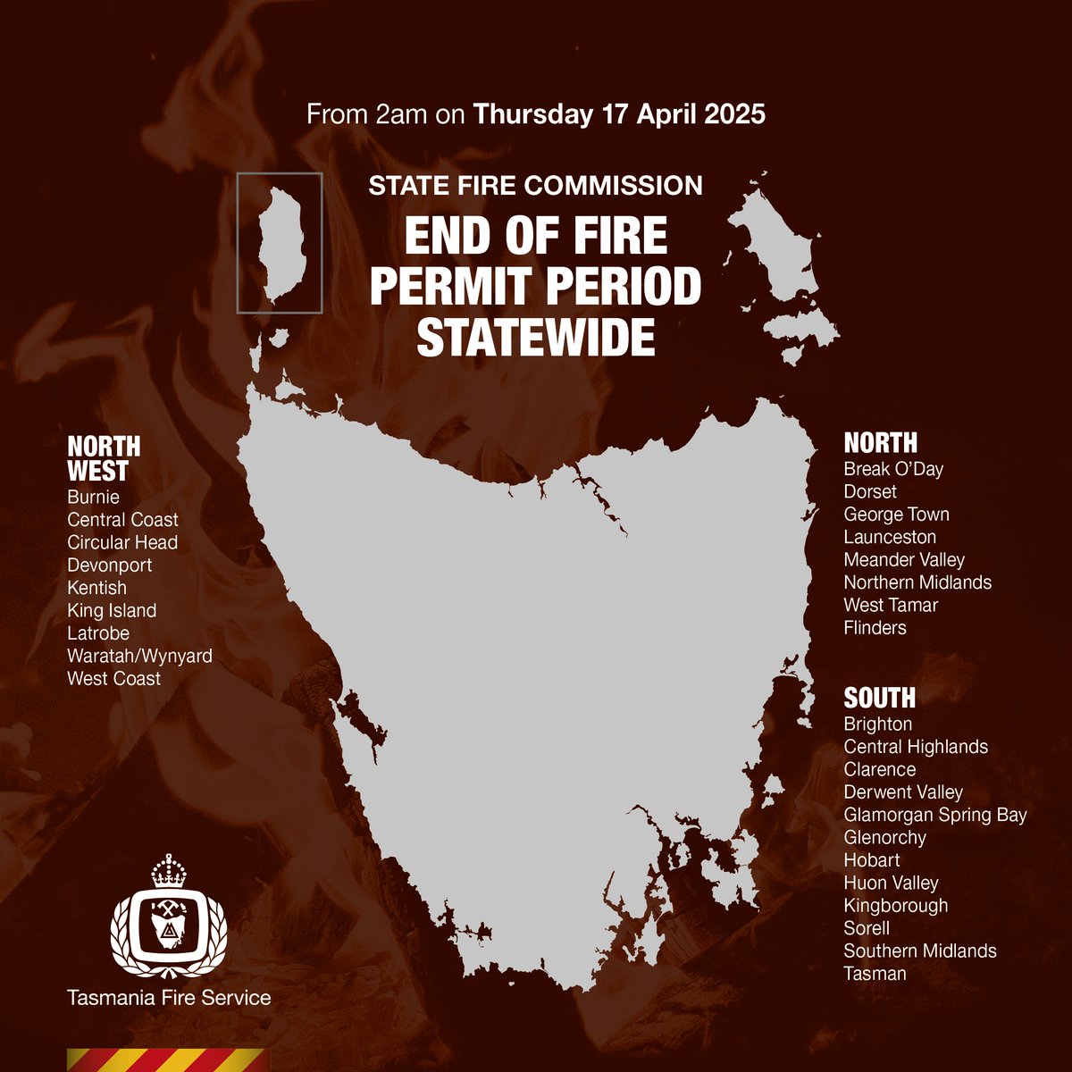 TasALERT (@tasalert) on Twitter photo .<a href="/TasFireService/">TasmaniaFireService</a> has announced the statewide Fire Permit Period for 2024/25 will end at 2am Thursday 17 April 2025.
Fire Permits will no longer be required. You are encouraged to register burns in advance by calling 1800 000 699.
For more information: fire.tas.gov.au .<a href="/TasFireService/">TasmaniaFireService</a> has announced the statewide Fire Permit Period for 2024/25 will end at 2am Thursday 17 April 2025.
Fire Permits will no longer be required. You are encouraged to register burns in advance by calling 1800 000 699.
For more information: fire.tas.gov.au