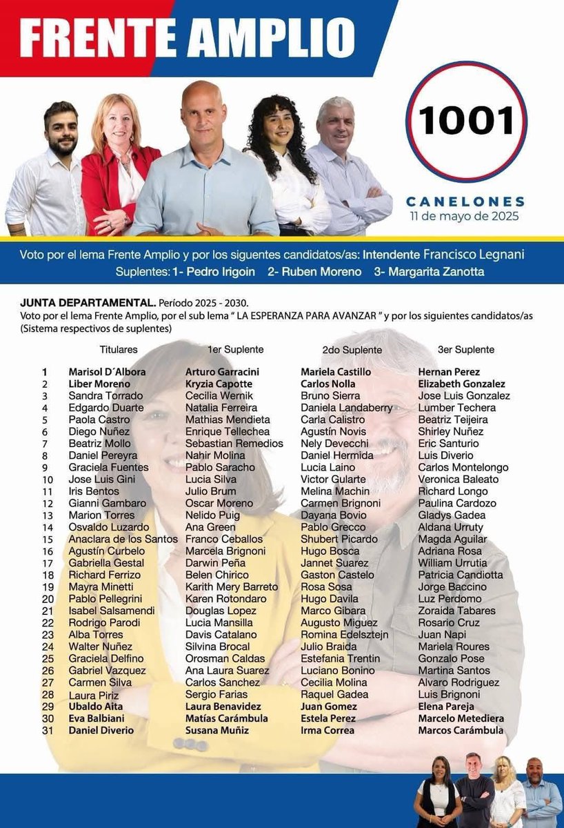 Lista la LISTA✌🏻

Este 11 de mayo en #Canelones votamos #legnaniintendente con #La1001 encabezada por la querida Marisol, mujer, laburante, militante de todas las causas, junto a un gran equipo. Por los sueños que aún restan por cumplir👇🏻

<a href="/espacio1001fa/">Espacio 1001</a> 
#LaEsperanzaParaAvanzar