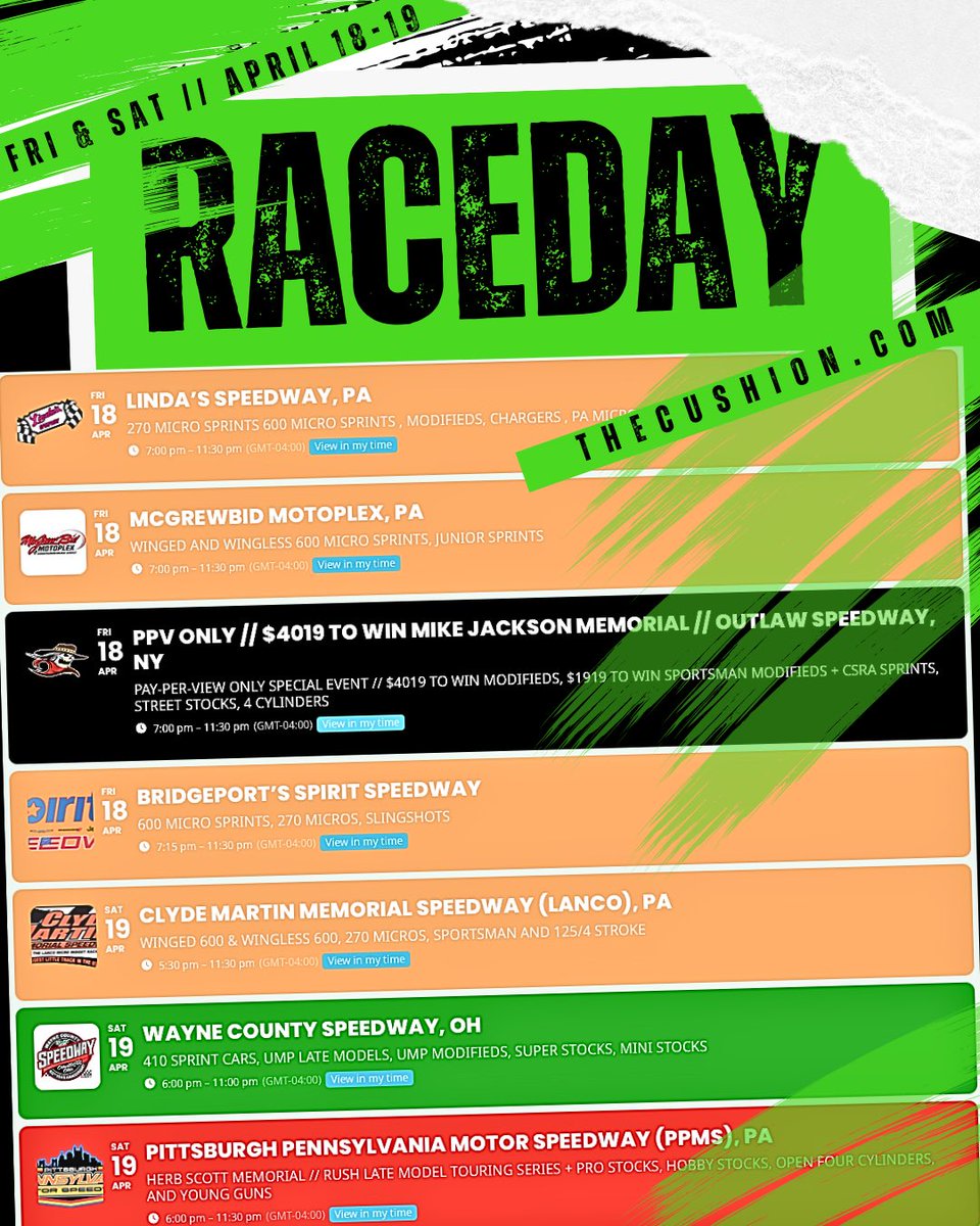 The Cushion (@watchthecushion) on Twitter photo This weekend we have 7 events lined up for Live Broadcasts on TheCushion.com
Fri April 18 
Modifieds Outlaw Speedway
Micros Linda's Speedway
Micros Bridgeport’s Spirit Speedway
Micros McGrewBid
Sat April 19
Micros Clyde Martin
RUSH LM Series PPMS
Sprint Cars Wayne Ct This weekend we have 7 events lined up for Live Broadcasts on TheCushion.com
Fri April 18 
Modifieds Outlaw Speedway
Micros Linda's Speedway
Micros Bridgeport’s Spirit Speedway
Micros McGrewBid
Sat April 19
Micros Clyde Martin
RUSH LM Series PPMS
Sprint Cars Wayne Ct