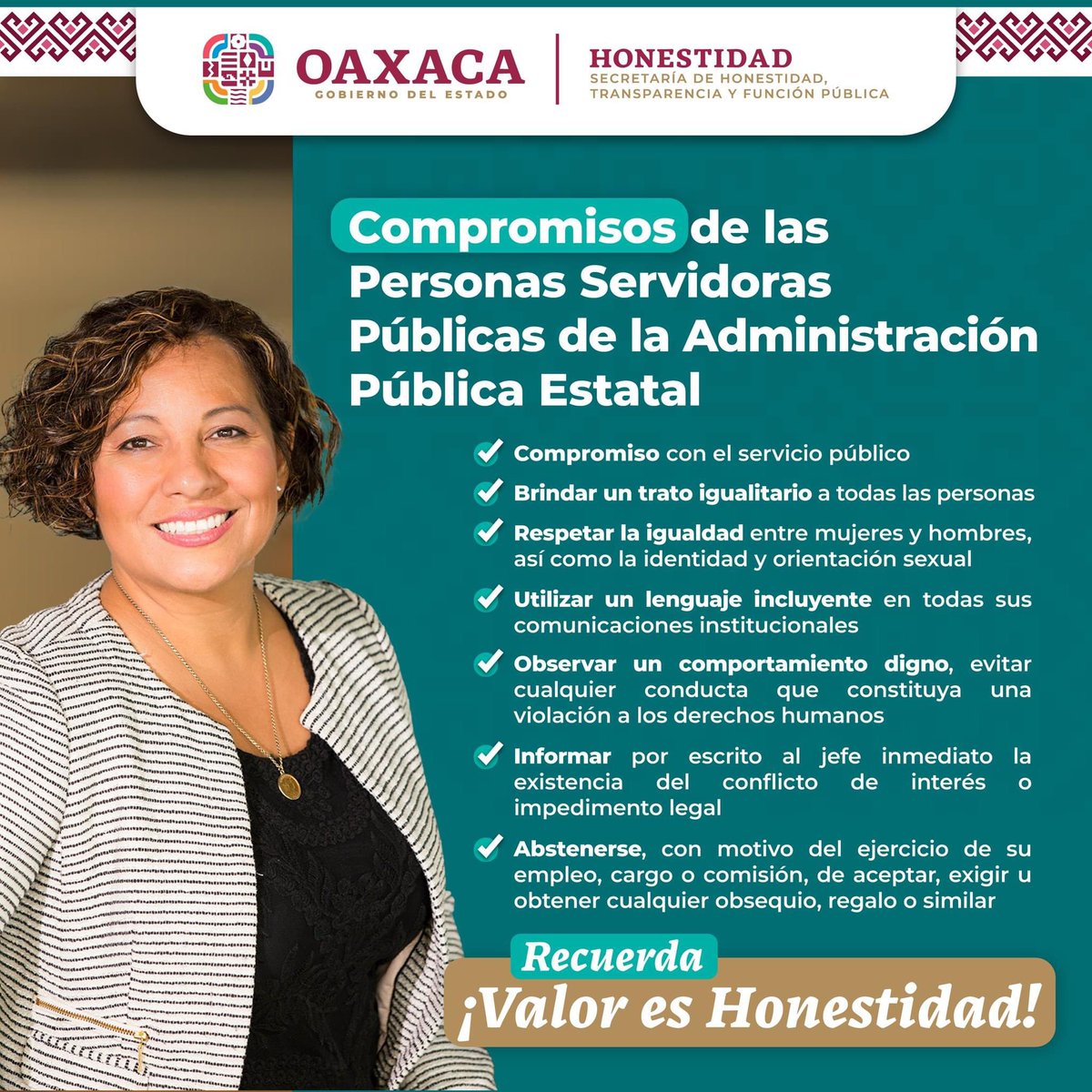 Leticia Elsa Reyes López (@leticia_reyesl) on Twitter photo En el <a href="/GobOax/">Gobierno de Oaxaca</a> las personas servidoras públicas deberán observar los siguientes compromisos en el ejercicio de sus funciones: En el <a href="/GobOax/">Gobierno de Oaxaca</a> las personas servidoras públicas deberán observar los siguientes compromisos en el ejercicio de sus funciones: