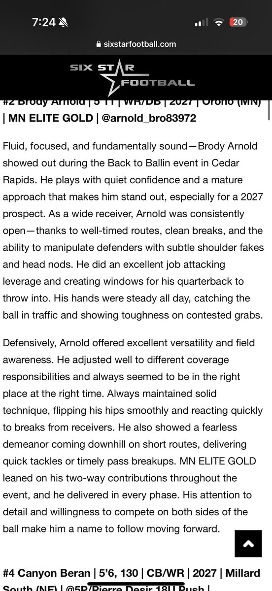 Brody Arnold (@arnold_bro83972) on Twitter photo Huge Thanks to <a href="/sixstarfootball/">Six Star Football | PLUS+</a> for the write up!!
<a href="/NWahlScouting/">Nate Wahl</a> <a href="/OJW_Scouting/">PrepRedzone Oliver</a>
<a href="/OronoCoach_Joe/">Joe McPherson</a> <a href="/MNElite7v7/">Minnesota Elite 7v7</a>
<a href="/iowa7v7football/">Iowa 7 v 7 Football</a> Huge Thanks to <a href="/sixstarfootball/">Six Star Football | PLUS+</a> for the write up!!
<a href="/NWahlScouting/">Nate Wahl</a> <a href="/OJW_Scouting/">PrepRedzone Oliver</a>
<a href="/OronoCoach_Joe/">Joe McPherson</a> <a href="/MNElite7v7/">Minnesota Elite 7v7</a>
<a href="/iowa7v7football/">Iowa 7 v 7 Football</a>