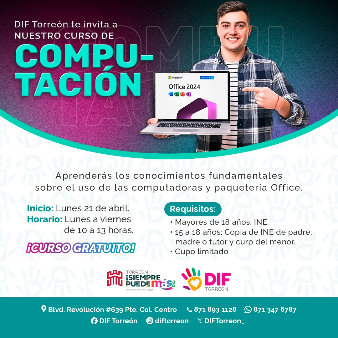 ¿Quieres aprender a usar la computadora como un experto?

DIF Torreón te invita a su Curso GRATUITO de Computación en Talleres Tonantzin. 💻✨ Aprenderás desde lo más básico hasta el uso de paquetería Office. 

¡Inscríbete ya!
 #MiQueridoTorreónAhoraTeQuieroMás