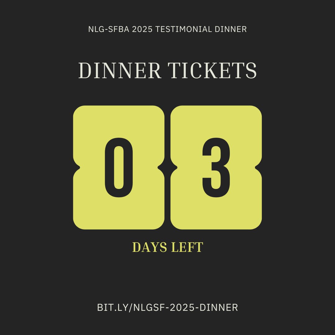 3 DAYS LEFT to get tix for our Testimonial Dinner, honoring Jonathan Siegel &amp; <a href="/LJIS_Oakland/">Love and Justice in the Streets</a>!

📅 Sat 4/26 6-9pm @ UC Law SF
🍽 Dinner + drinks
💸 Fundraiser for our programs &amp; committee work
🎟 Ticket Deadline: 4/18

Tickets are going fast - visit our bio for event + ticket info!