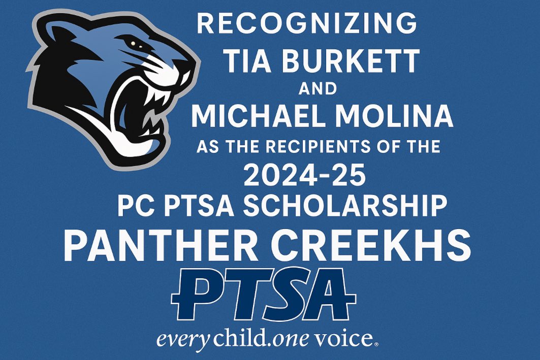 Congrats to Tia Burkett &amp; Michael Molina, recipients of the 2024–25 Panther Creek PTSA Scholarship!
Thank you to all who applied — we’re proud of our amazing students!

#PantherCreek #PTSA #ScholarshipWinners #PCPride